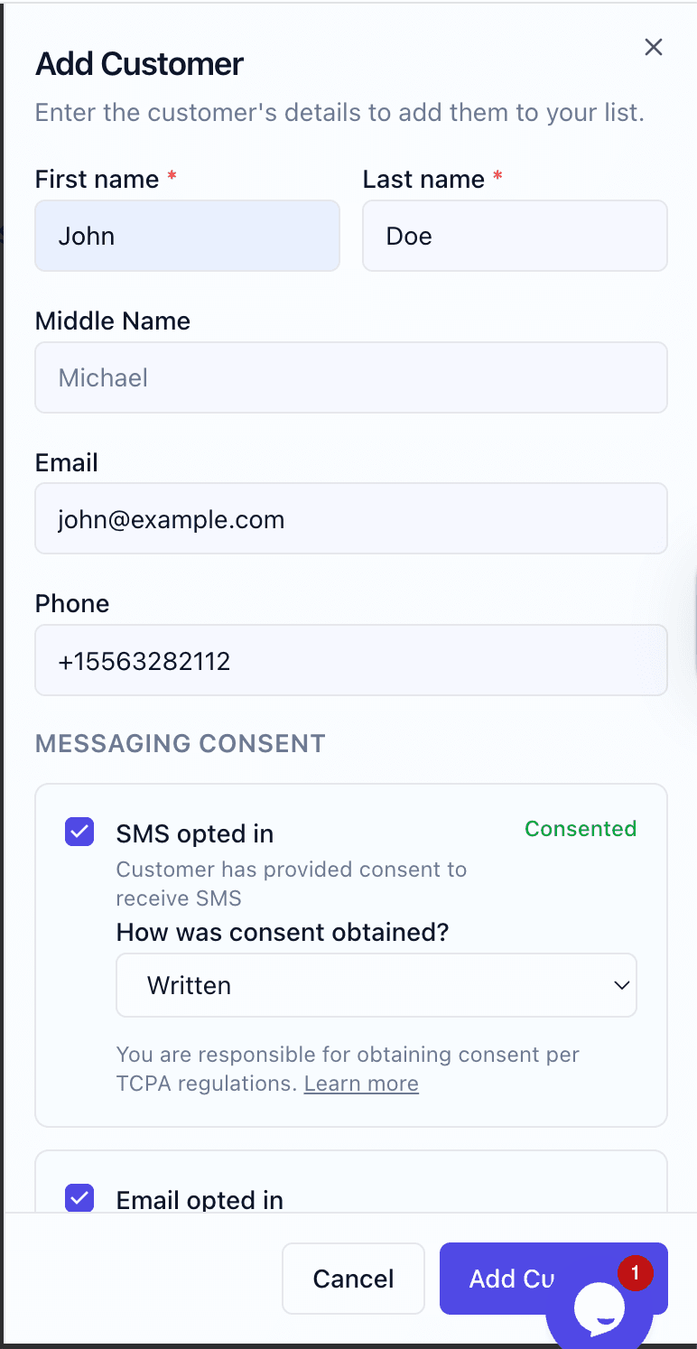 StarFlywheel Add Customer drawer showing first name, middle name, last name, email, and phone fields, with conditional SMS consent checkbox (defaults to unchecked), consent method dropdown, and email opt-in controls