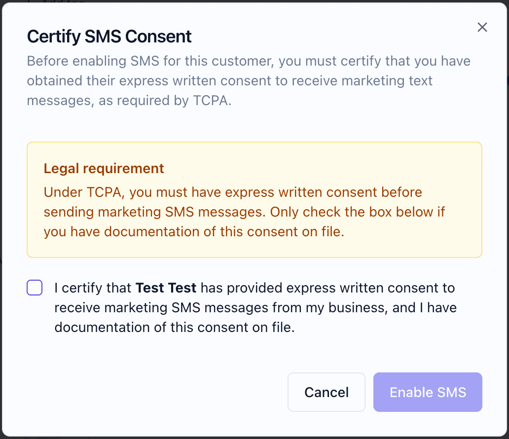 StarFlywheel SMS Consent Certification Dialog — TCPA compliance checkbox requiring businesses to certify express written consent before enabling SMS for each customer