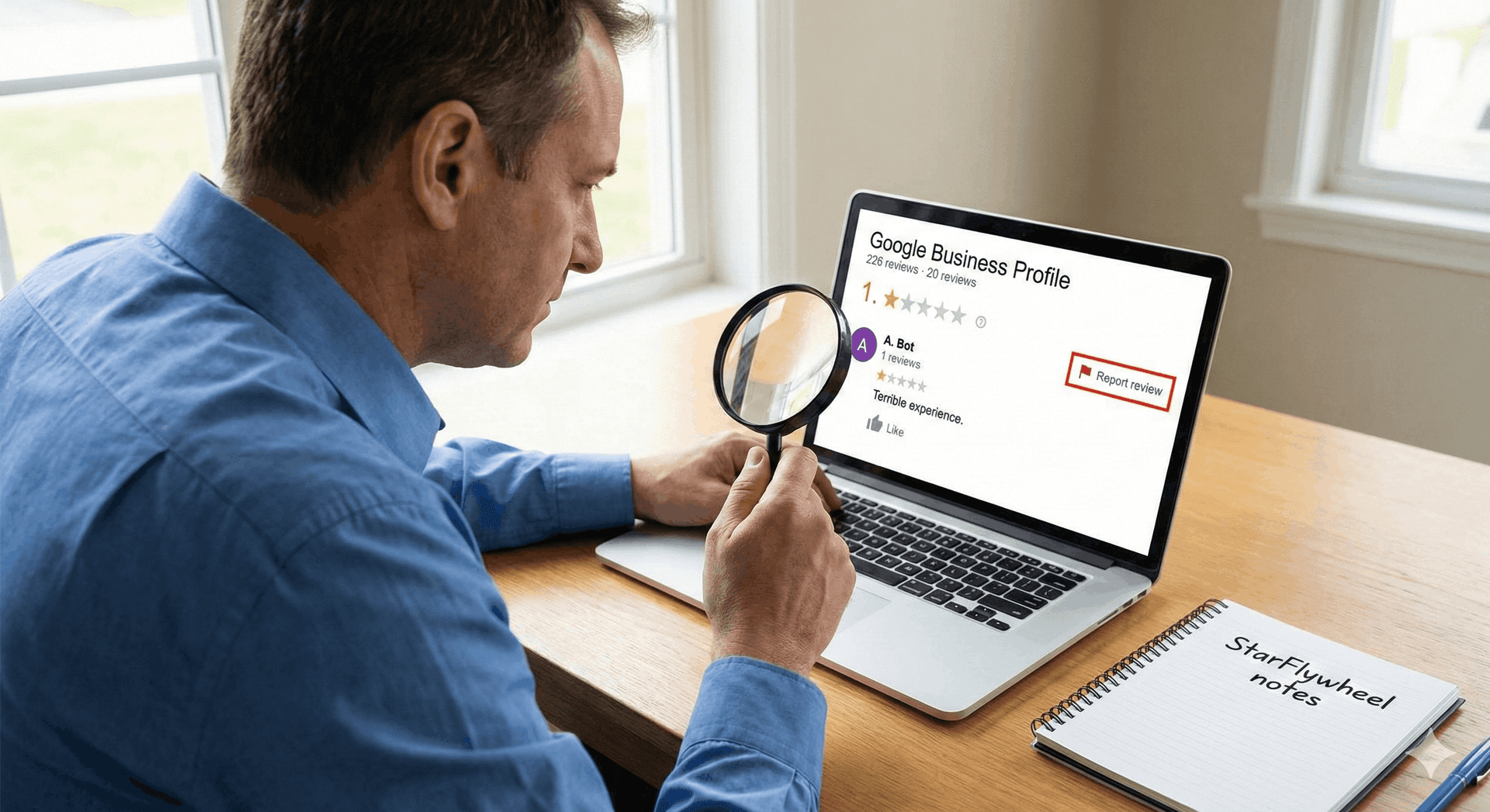 A magnifying glass hovering over a computer screen showing a 1-star review with a "Reported" stamp