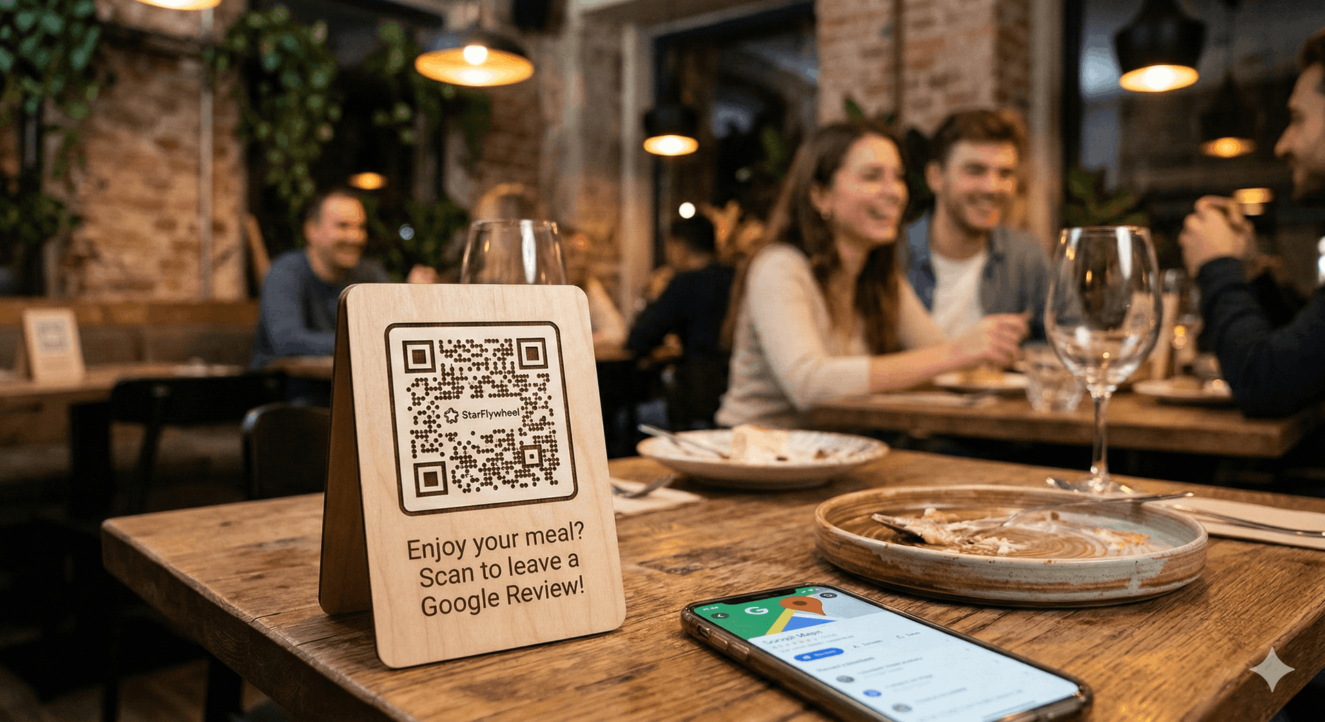 A modern restaurant table with a stylish QR code stand and a satisfied customer in the background