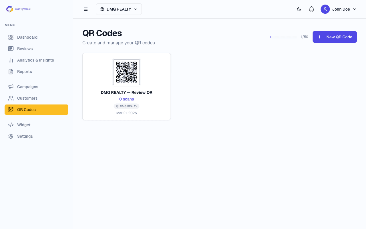 QR code management page with customization options and scan tracking