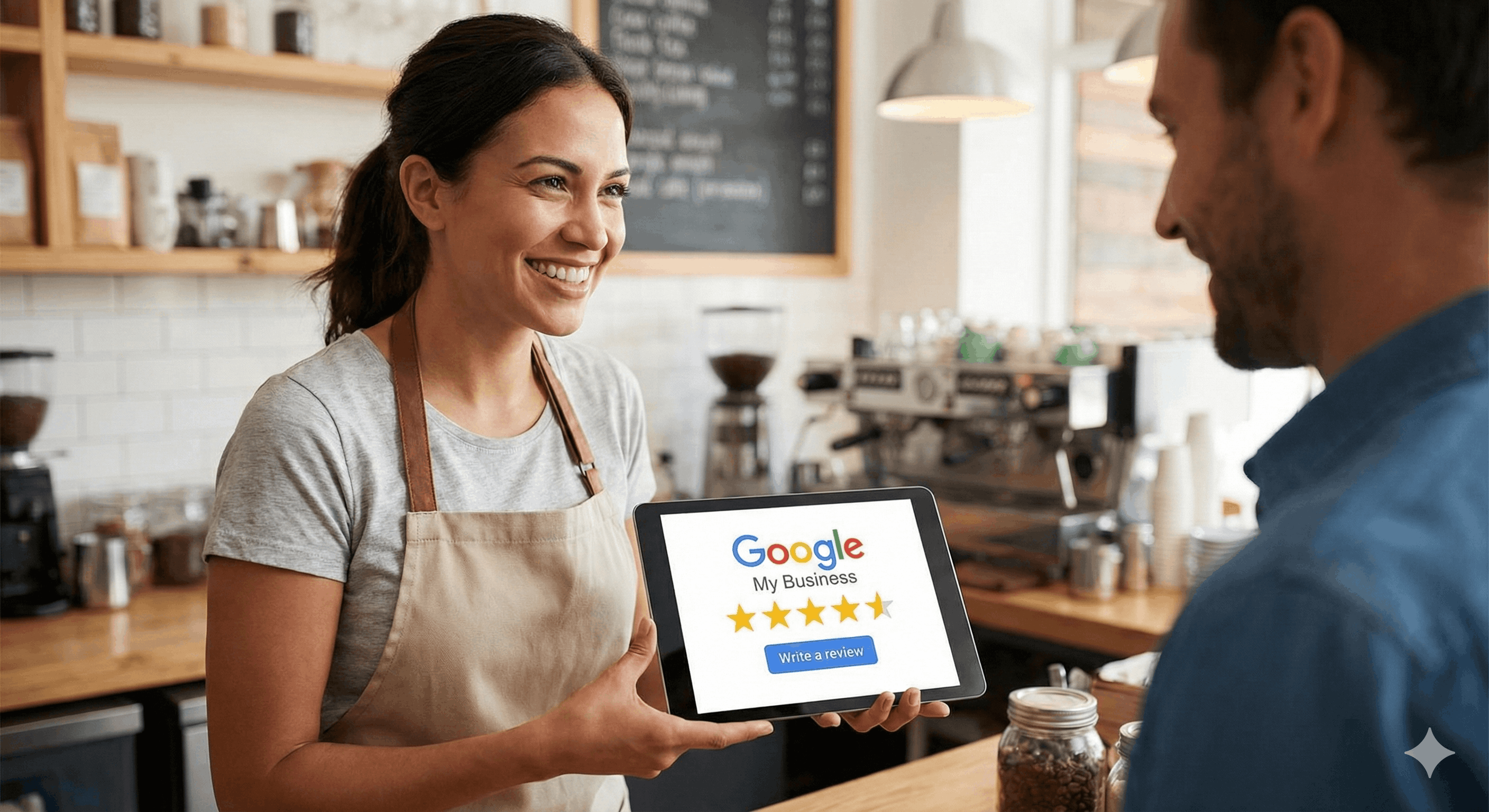 A local business owner showing a tablet with 5-star Google reviews to a customer