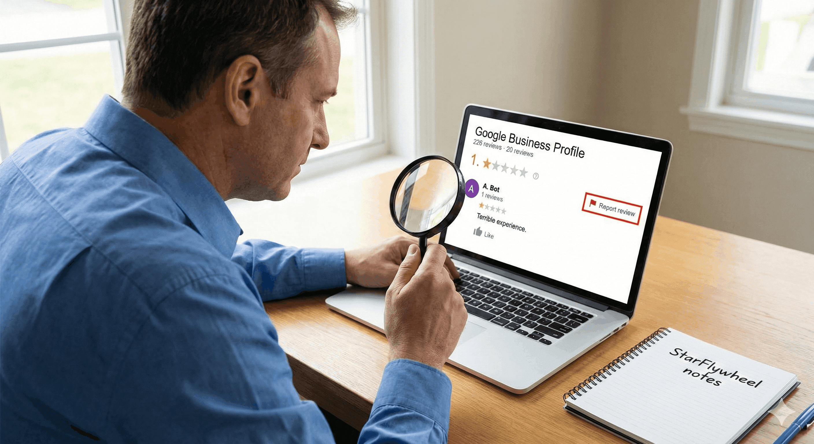 A magnifying glass hovering over a computer screen showing a 1-star review with a "Reported" stamp