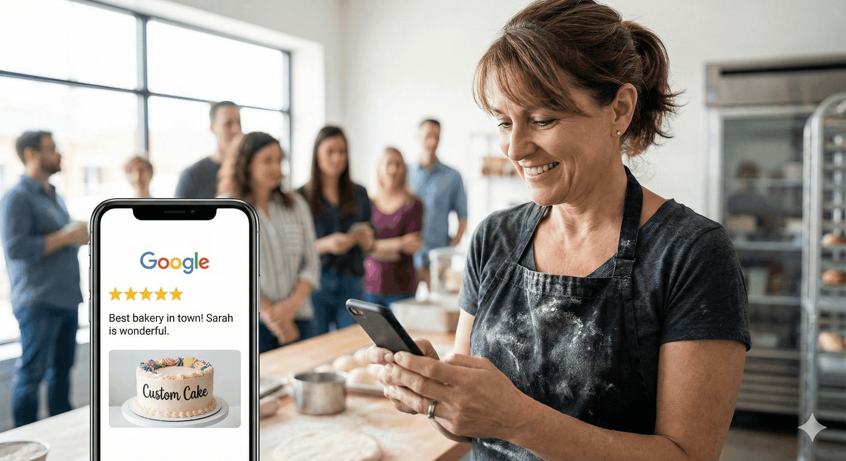 A 5-star rating icon glowing on a smartphone screen with a "Trust" label