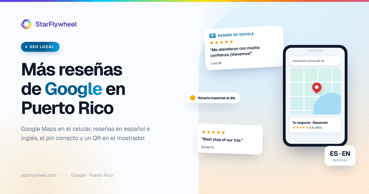 A phone showing Google Maps with a 4.8-star business pin in Puerto Rico for a "mecánico cerca de mí" search, beside Google reviews in Spanish and English; the headline is in Spanish