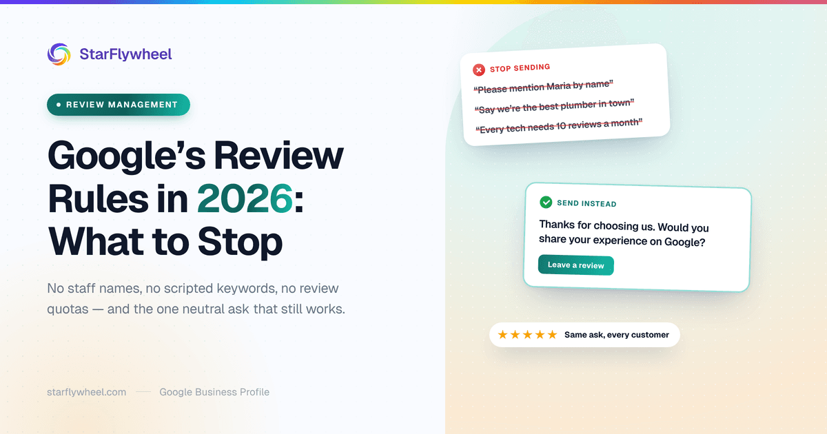 A crossed-out review request asking customers to mention a staff member by name, beside an approved neutral request with a single Google review link