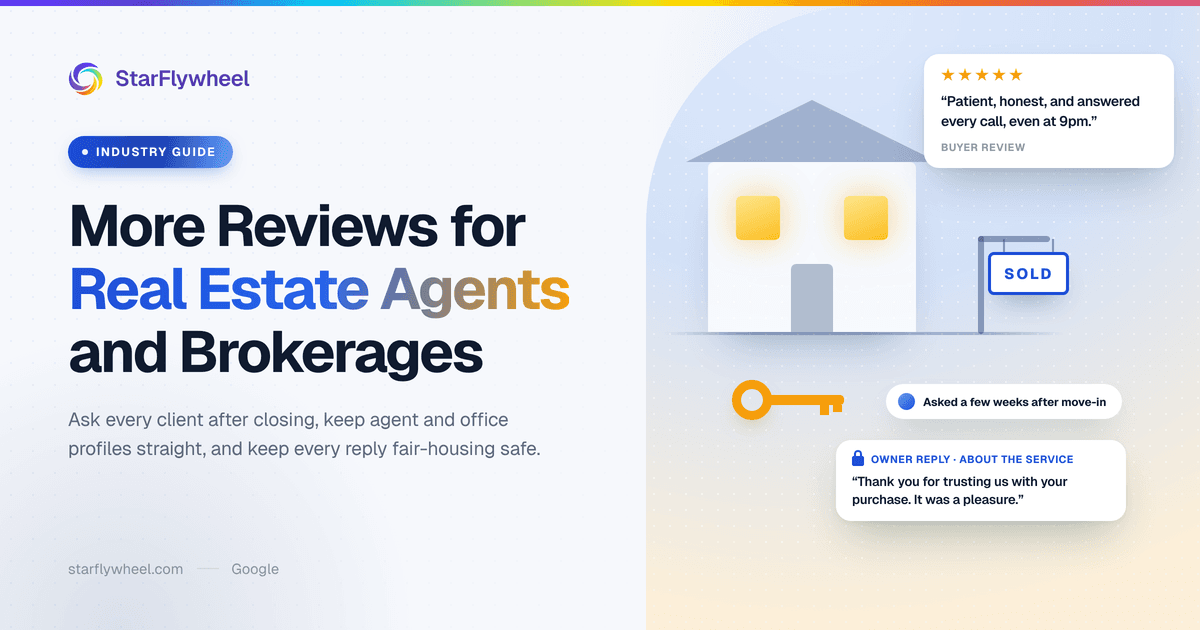 A house with a sold sign and a set of keys beside a five-star client review card and a reminder to ask a few weeks after move-in